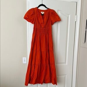 Maeve Red Orange Sundress with Puff Sleeves and V-Neck